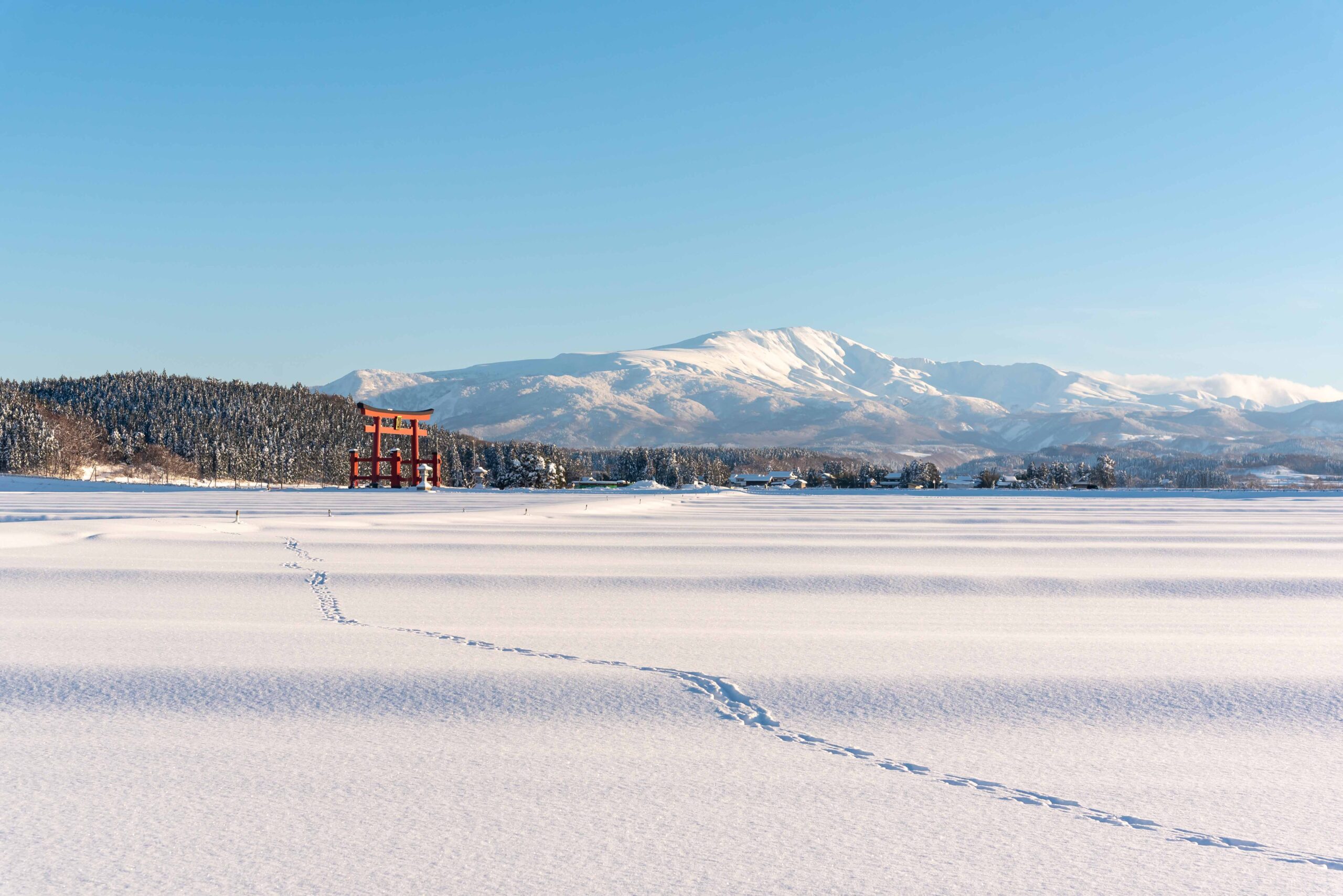 Mt. Haguro's Otorii in front of Mt. Gassan